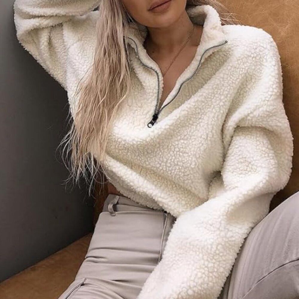 Old Navy Cream Sherpa Fleece Half Zip Pullover Sweater Womens XL Mock Neck